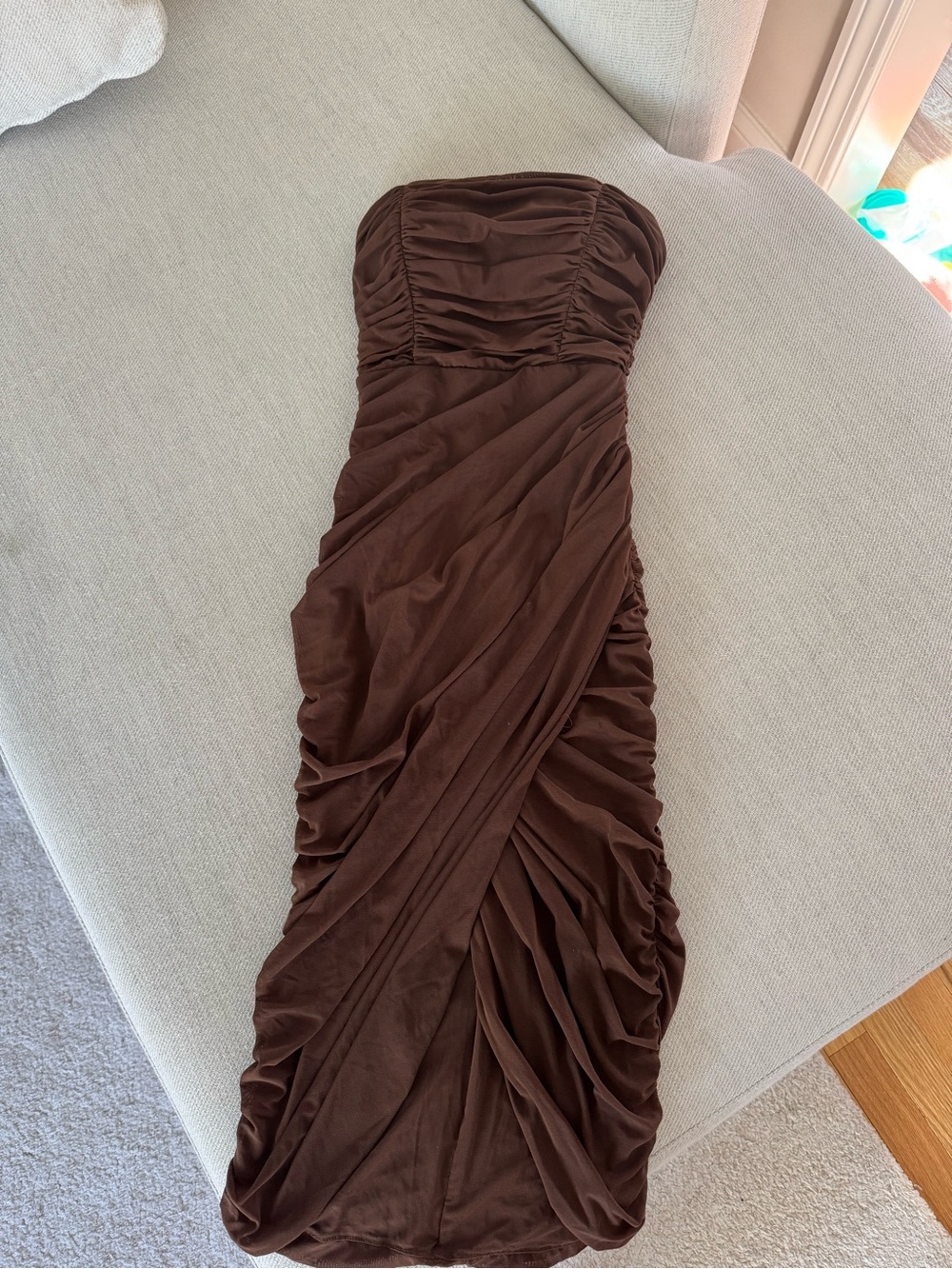 Rare London Strapless Ruched Midi Dress in Brown